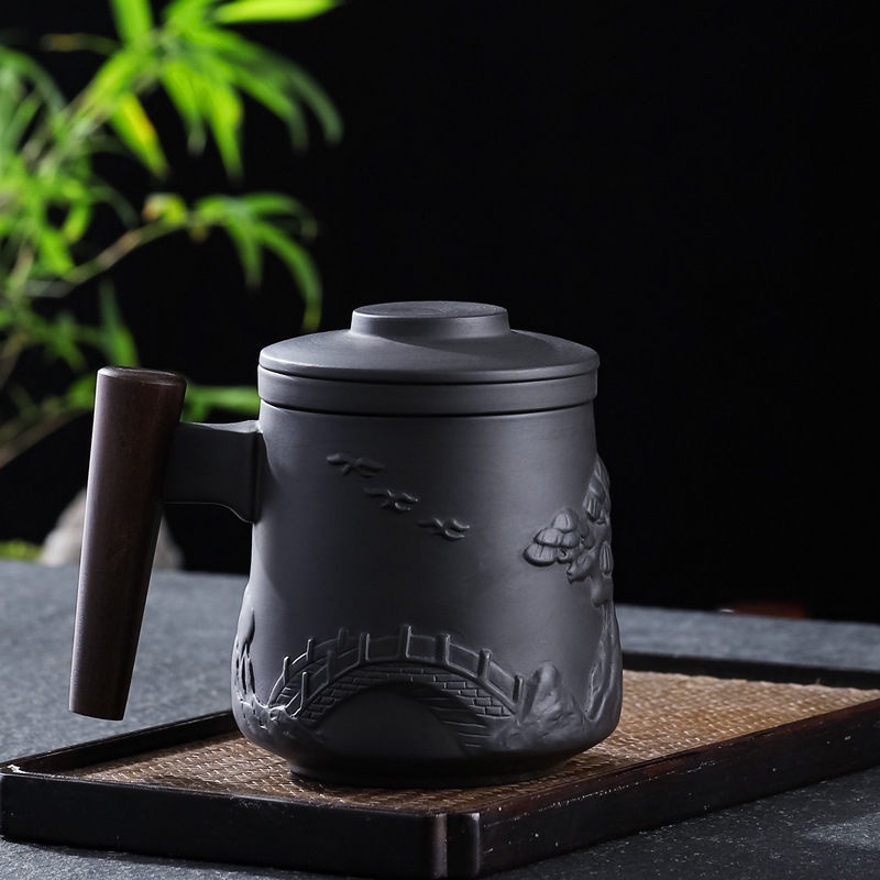 Zisha Tea Cup Personal Office Black Pottery With Lid Filter Gift Box