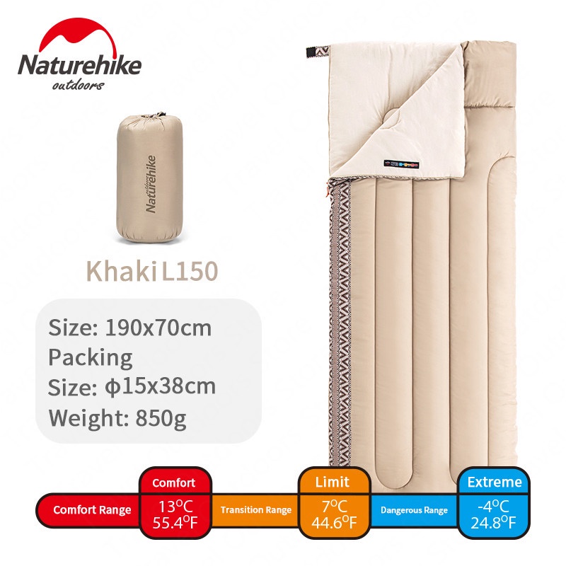 Naturehike L150 ถุงนอน Spliced 3 Seasons ซองผ้าฝ้ายถุงนอน Travel Warm