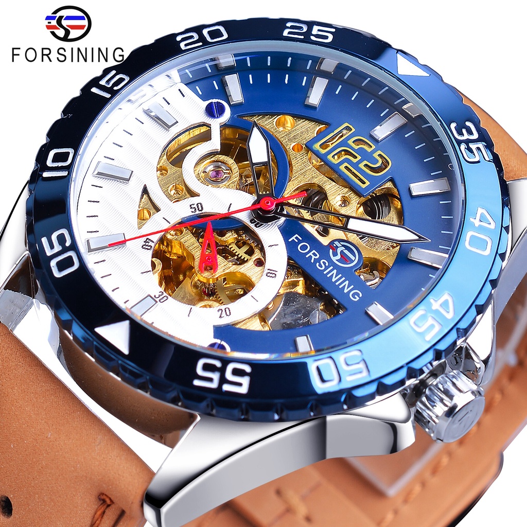 Forsining Unique Mens Watch Automatic Creative Half Blue White Hollow