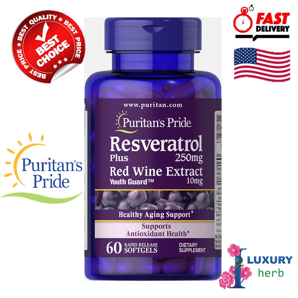 Resveratrol 250mg plus Red Wine Extract 10 mg 60 softgels Puritan's