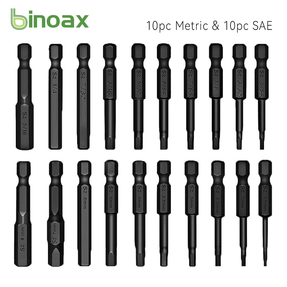 Binoax Hex Head Allen Wrench Drill Bit Set 10pc Metric & 10pc SAE 1/4" Quick Release Shank