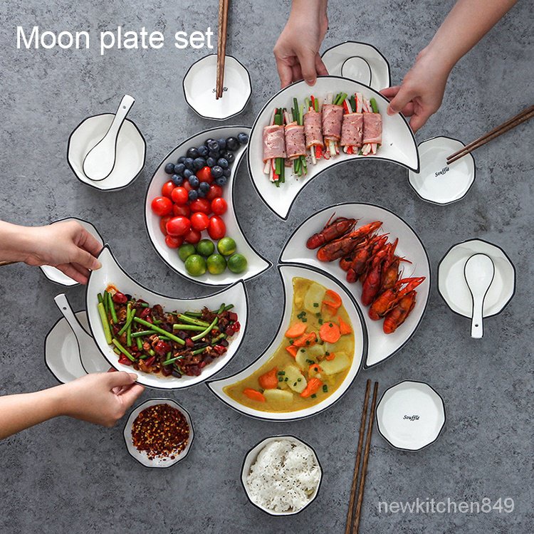 จานเสี้ยว จานเสี้ยวพระจันทร์ 5ใบ/Set moon best ceramic dishes & plates