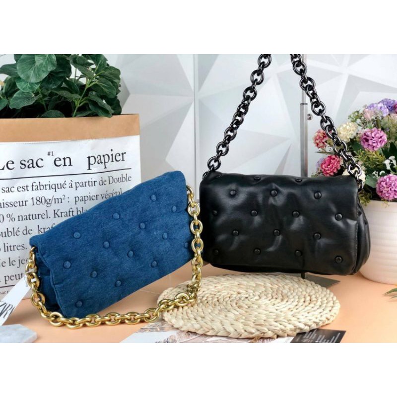 Zara Quilted Denim maxi Crossbody Bag details Shopee Thailand