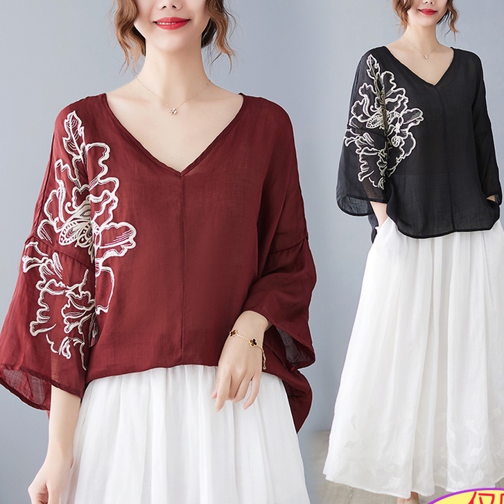 L O T U S ☻ เสื้อเบลาส์ คอวี ปักลาย พลัสไซซ์ สําหรับผู้หญิง CAL1743