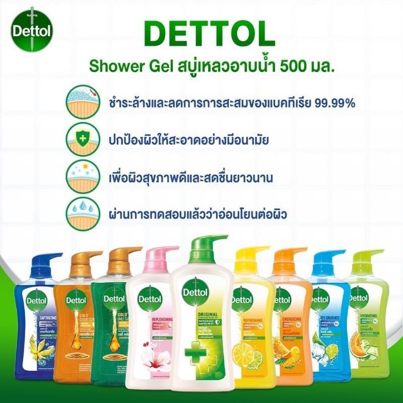 Dettol Antibacterial Shower Gel 500ml. ชำระล้างและลดการสะสมแบคทีเรีย 99