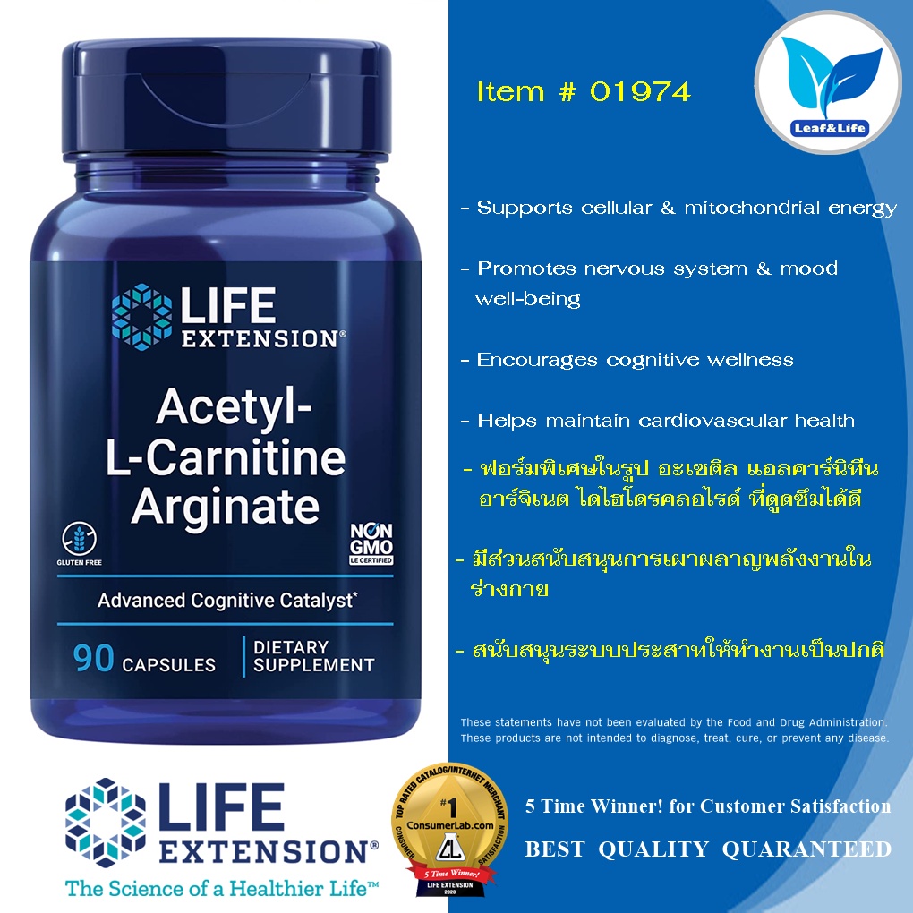 Life Extension ACETYLLCARNITINE ARGINATE / 90 Capsules Shopee Thailand
