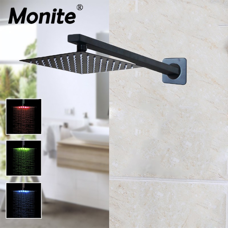Monite 8 10 12 16 Inch Black Shower Head Rainfall Tub Matte Black LED