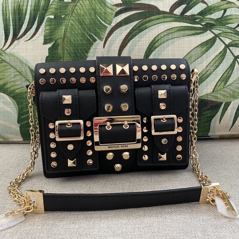 MICHAEL KORS Hayden Medium Studded Saffiano Leather Messenger Bag In