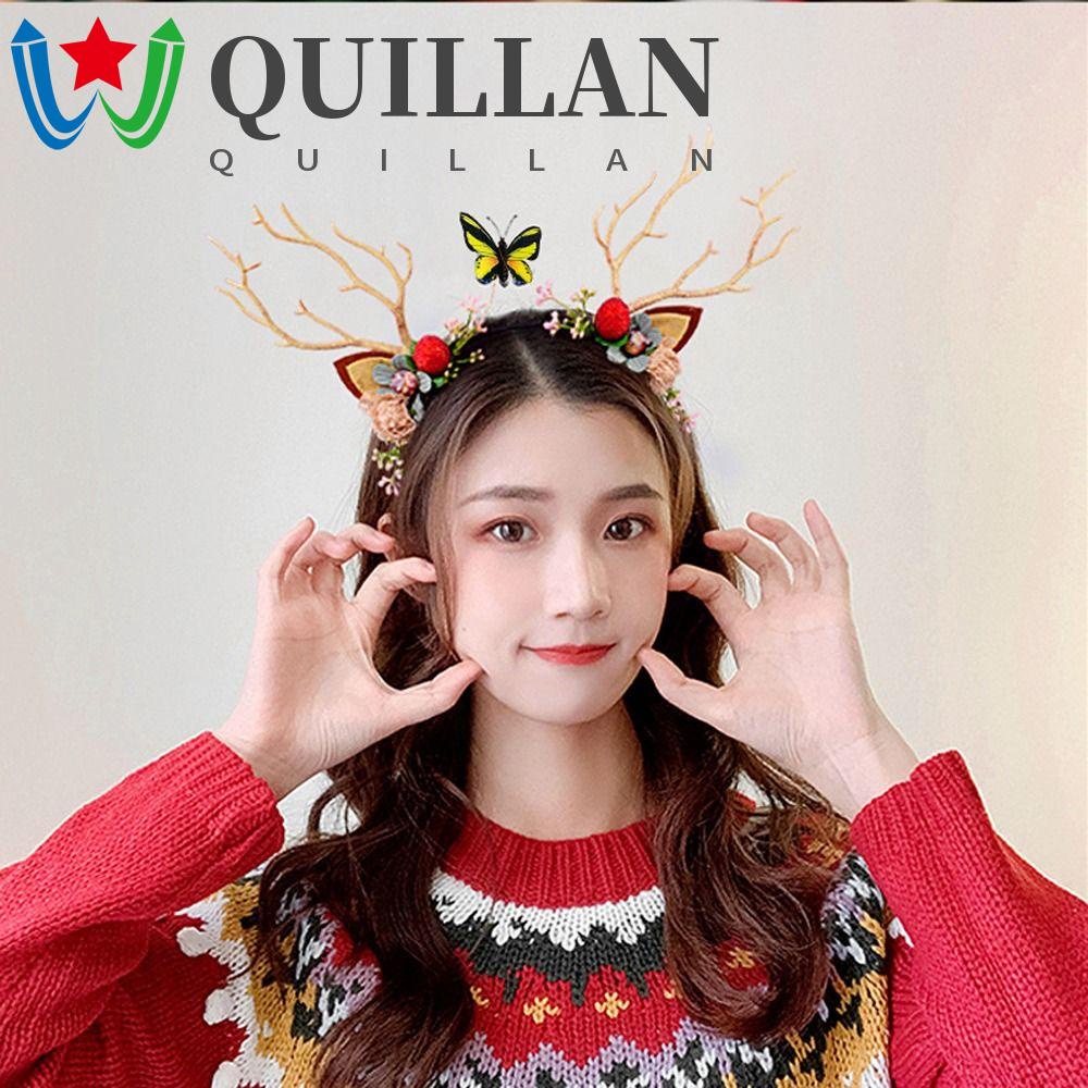 Quillan ที่คาดผมกวางคริสต์มาส น่ารัก หรูหรา หวาน ไฟ LED ผีเสื้อ ดอกไม้