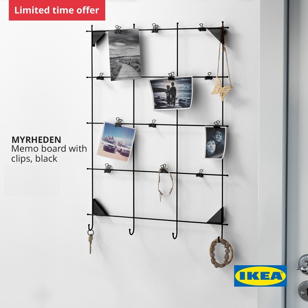 khung ảnh kẹp Ikea MYRHEDEN Memo Board with Clips, Black lưới sắt gắn