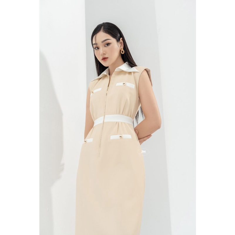 Đầm thiết kế JM Dress Design liền cổ sơ mi phối túi, phối cạp eo tạo