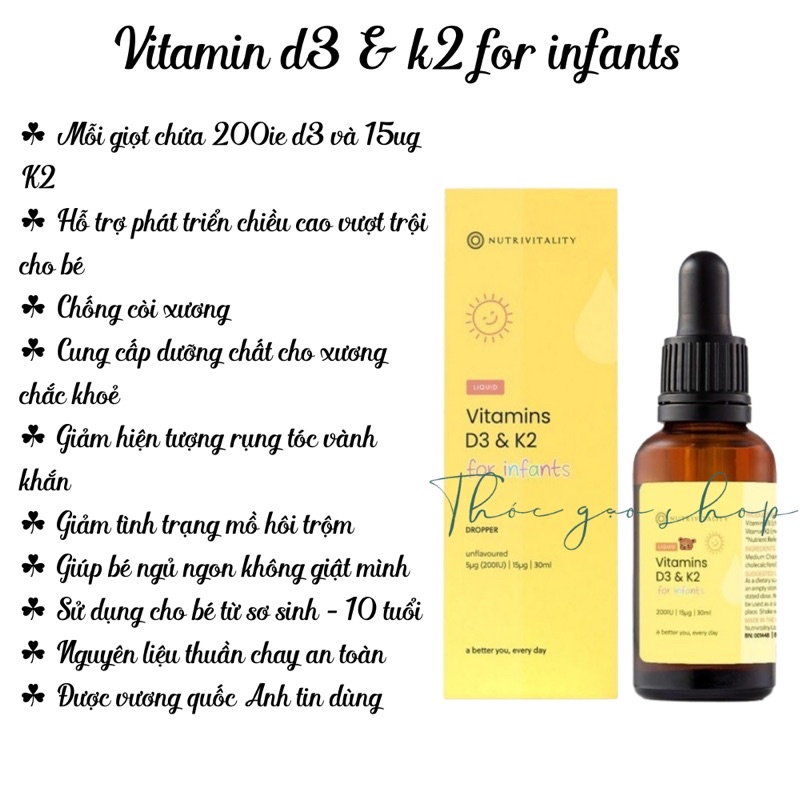 Vitamin D3 K2 MK7 Anh Nutrivitality UK 30ml giúp phát triển hệ xương