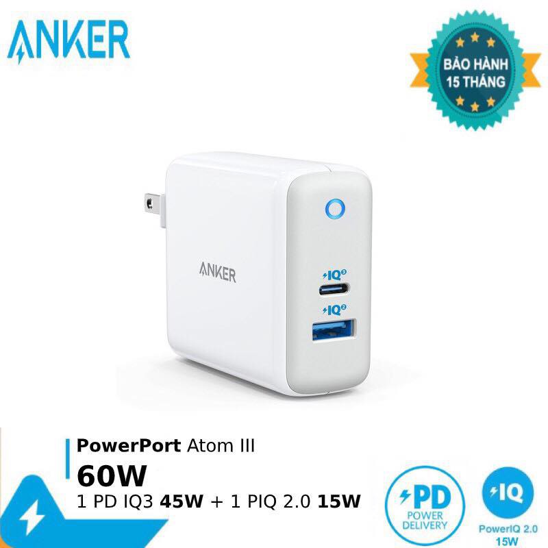 Sạc ANKER PD 60W 2 cổng PowerPort Atom III 1 IQ3.0 45W + 1 IQ2.0 15W A2322 chính hãng Shopee