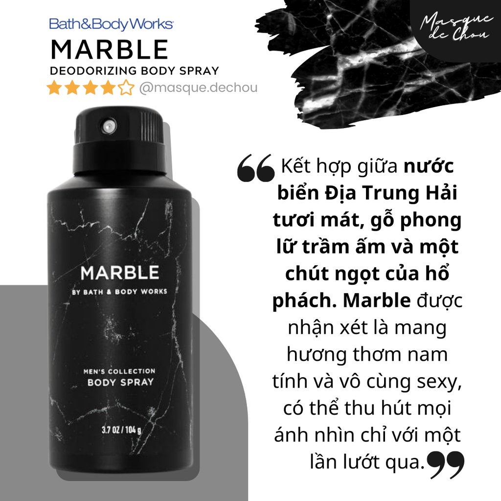 Xịt thơm khử mùi nam Bath & Body Works Marble Deodorizing Body Spray