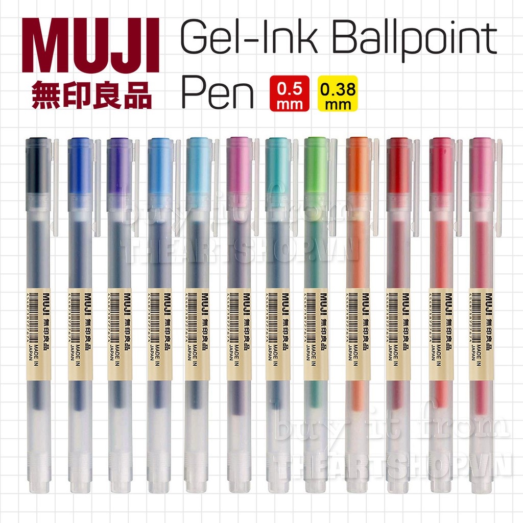 Bút bi nhựa có nắp thuơng hiệu MUJI Nhật Bản ngòi 0.5/0.38mm 9 màu