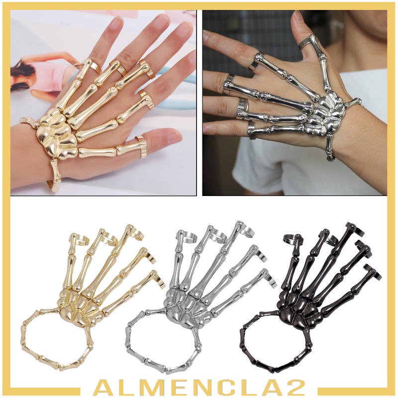 Skeleton Hand Bracelet with Rings Elasticity Wristband for Party gold