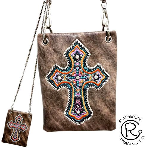 Brown PU leather messenger bag with embroidered cross and crystal
