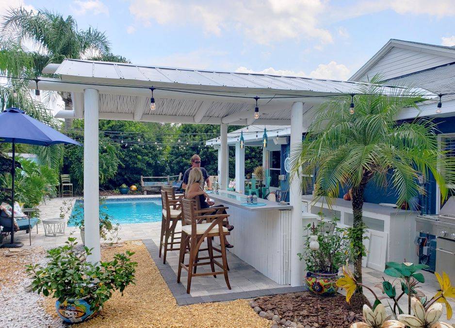 Tropical Outdoor Kitchen and Bar with Glass Countertops Downing Designs