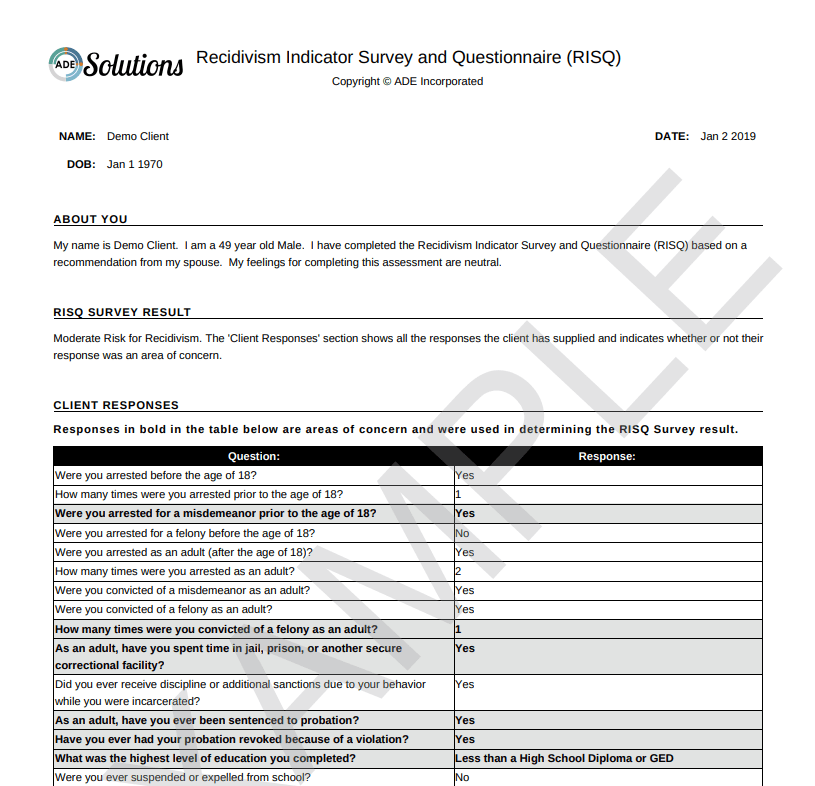 Recidivism Indicator Survey and Questionnaire ADE Assessments