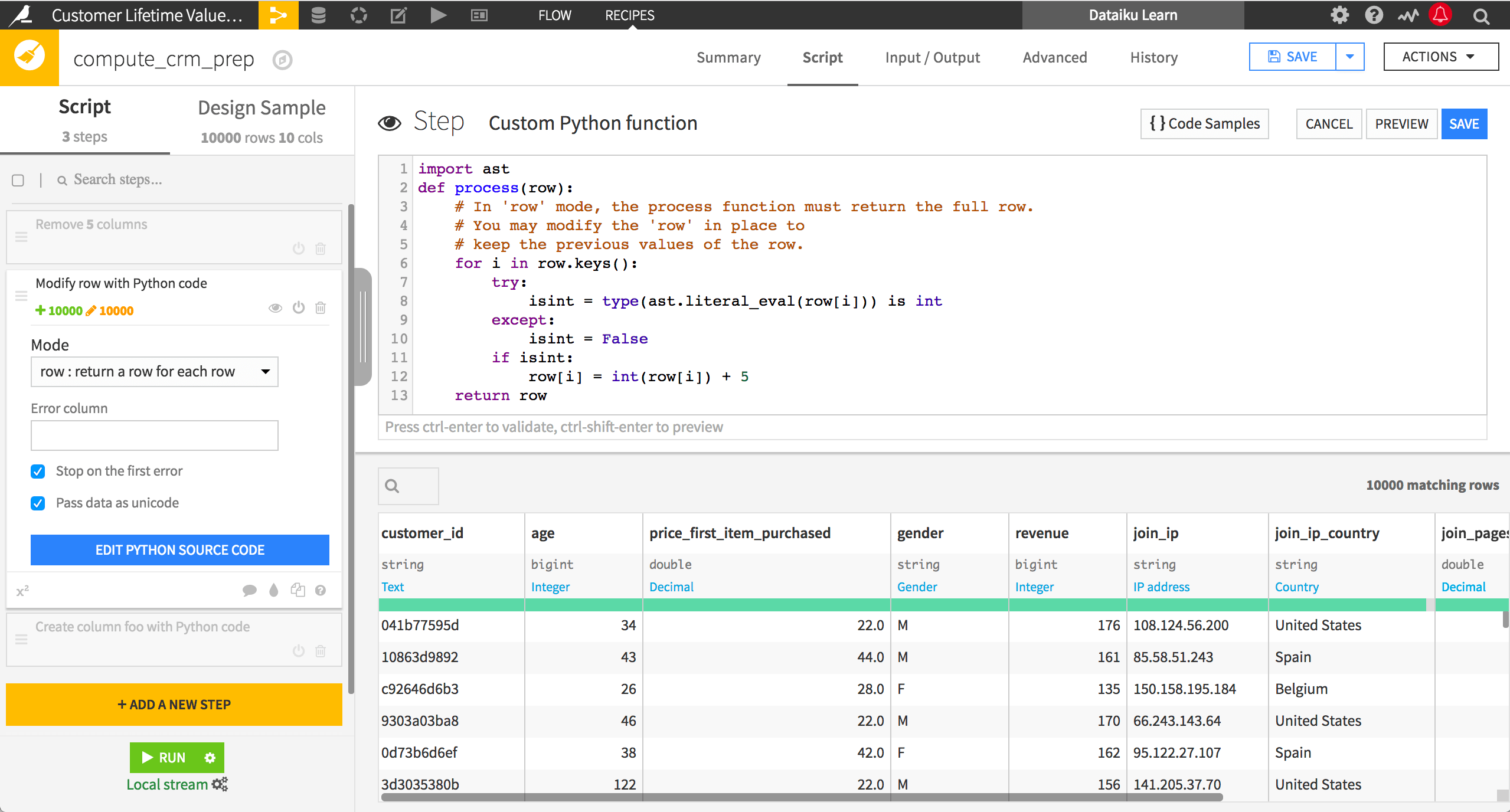 Prepare recipe using a custom Python function as a processor Dataiku