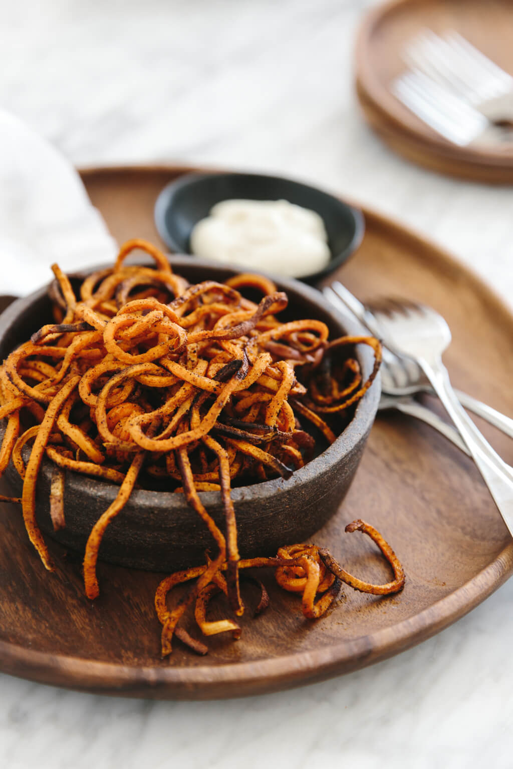 Curly Sweet Potato Fries with Garlic Aioli Downshiftology