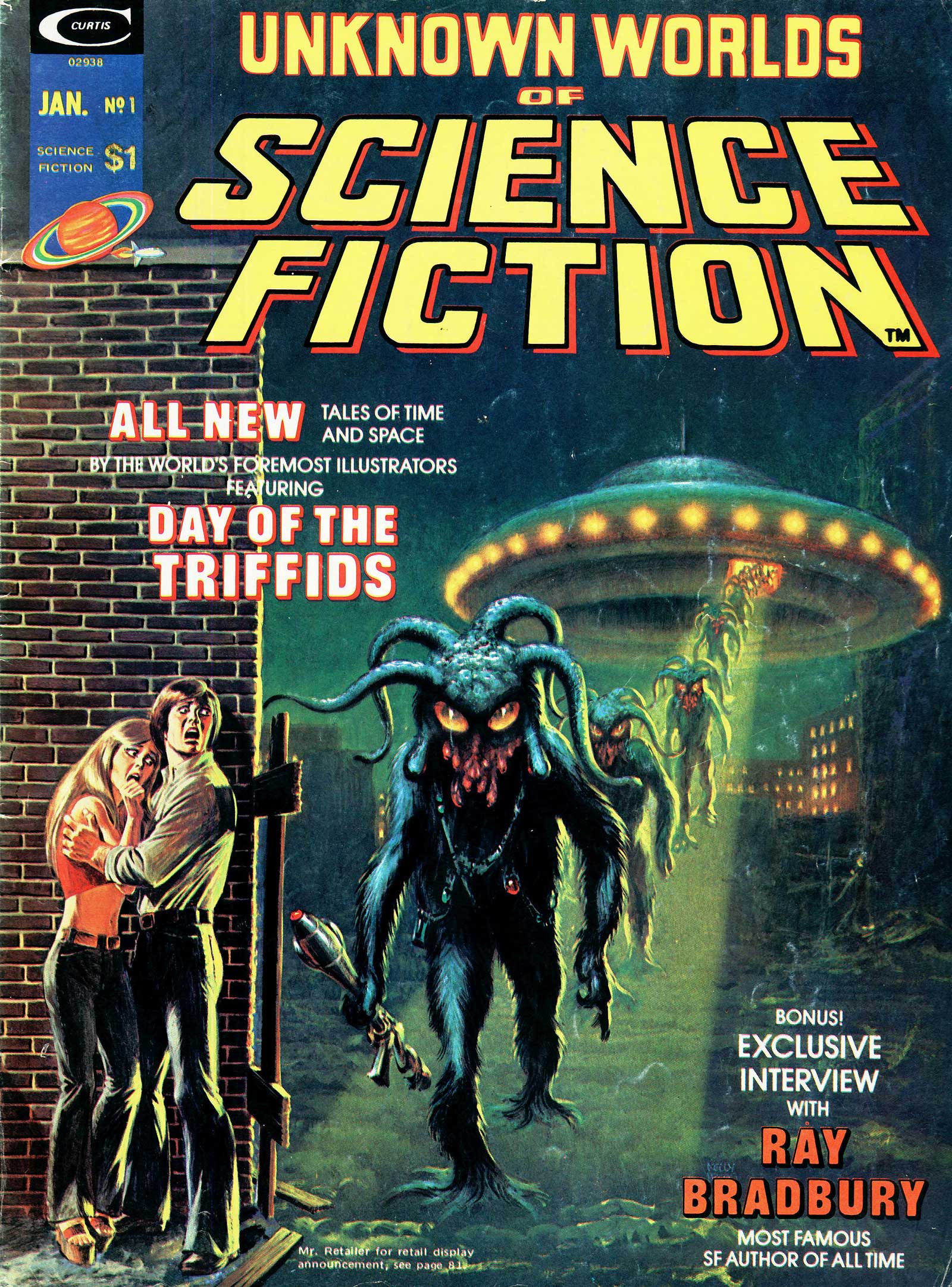 The US cover of Unknown Worlds of Science Fiction by Frank Kelly Freas. The human figures are the work of John Romita - the result of editorial changes