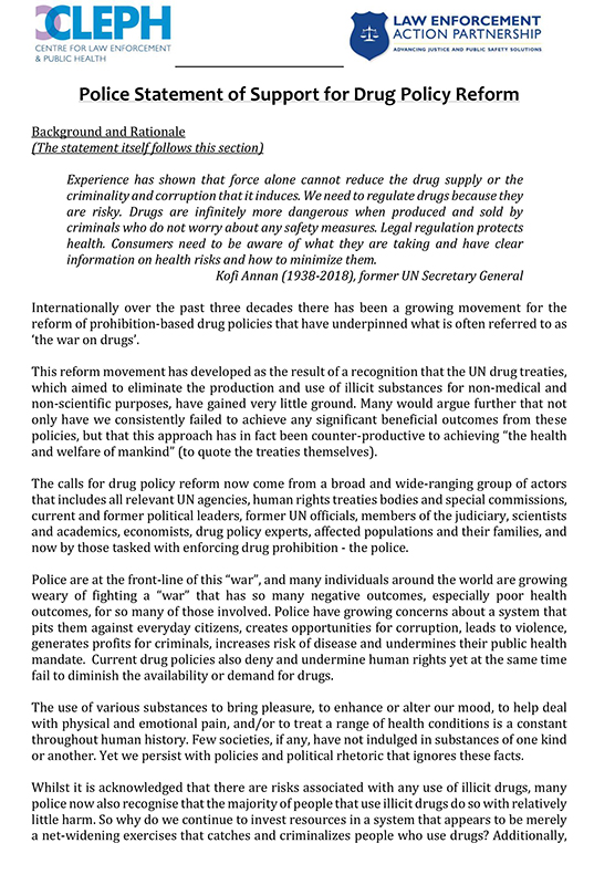 Police statement of support for drug policy reform Drug Policy