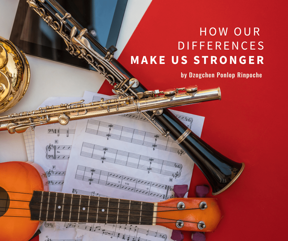 Musical instruments, an oboe, and flute, and a ukelele lay grouped on a page of sheet music against a tomato red background