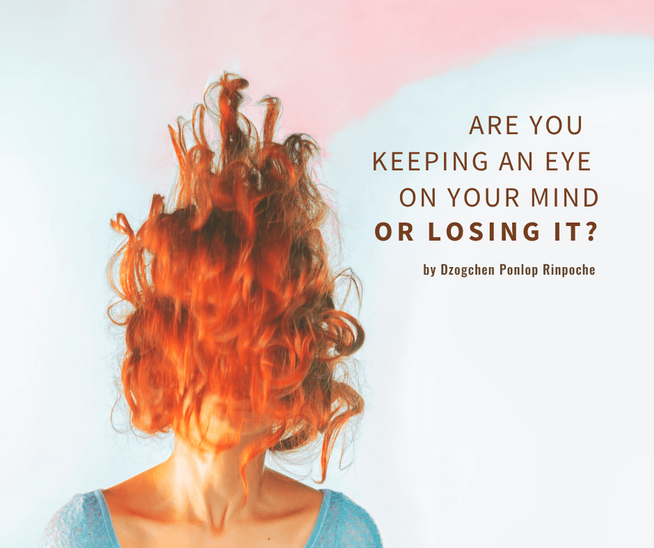 Person with long red hair flying upward, covering all but mouth and part of nose, wearing a scoopneck turquoise shirt, on pink and sky blue background. Title: Are you keeping an eye on your mind or losing it?