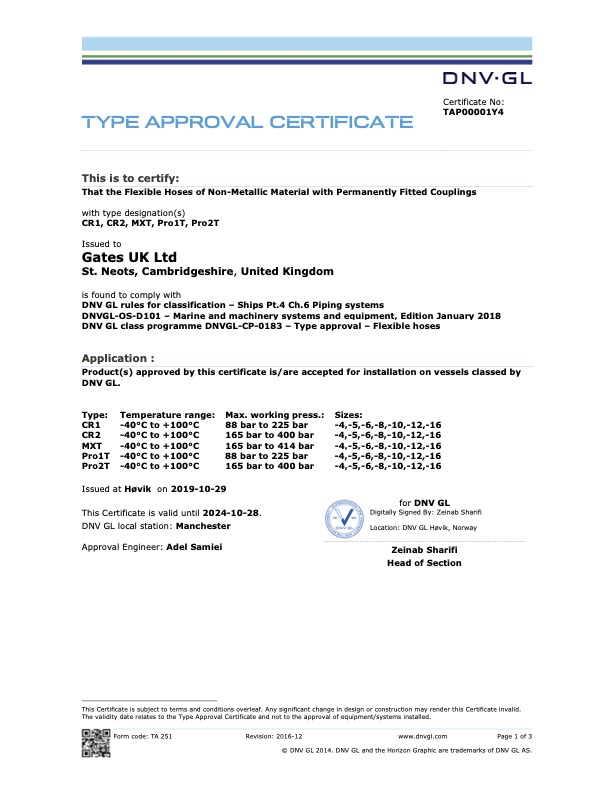 DNV Type Approval Certificate CR1 / CR2 / PRO1T / PRO2T / PROV Gates