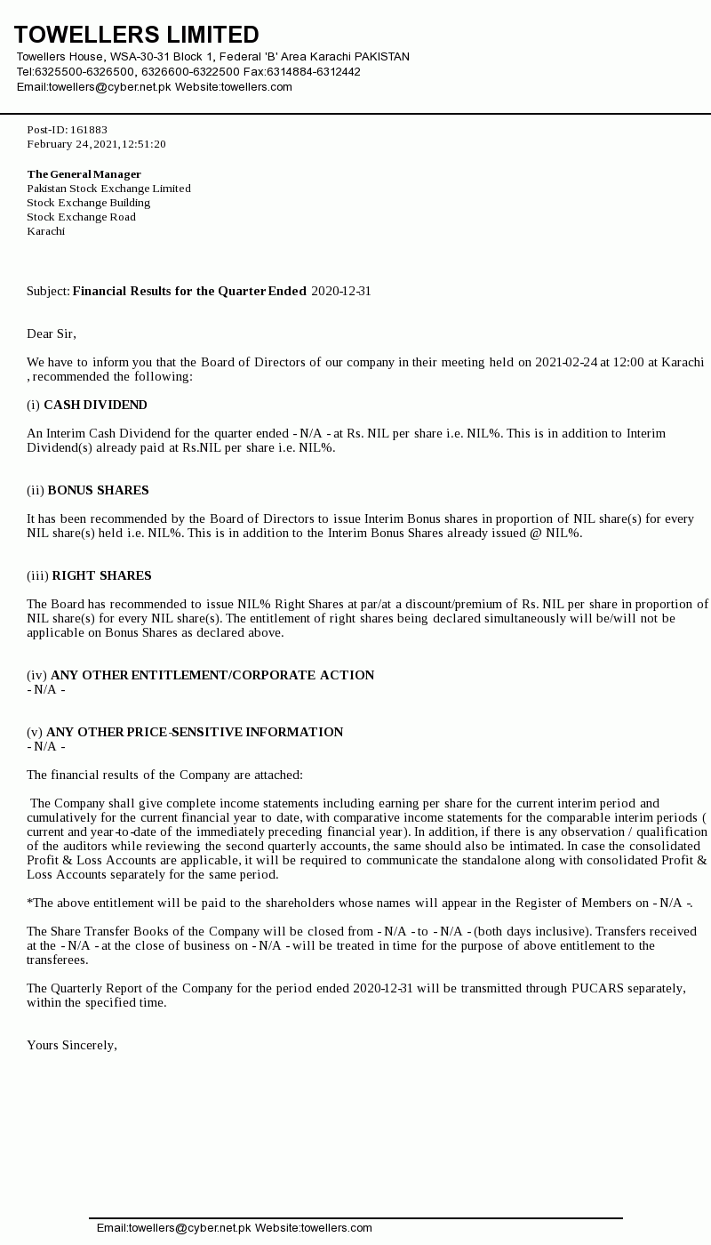 TOWL Share Price / Stock Price (KSE100, PSX Stock) Towellers Limited