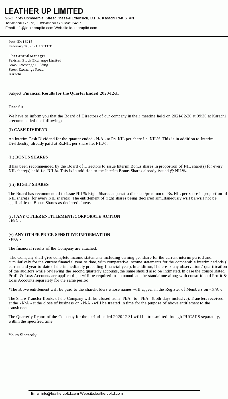 LEUL Share Price / Stock Price (KSE100, PSX Stock) Leather Up Limited
