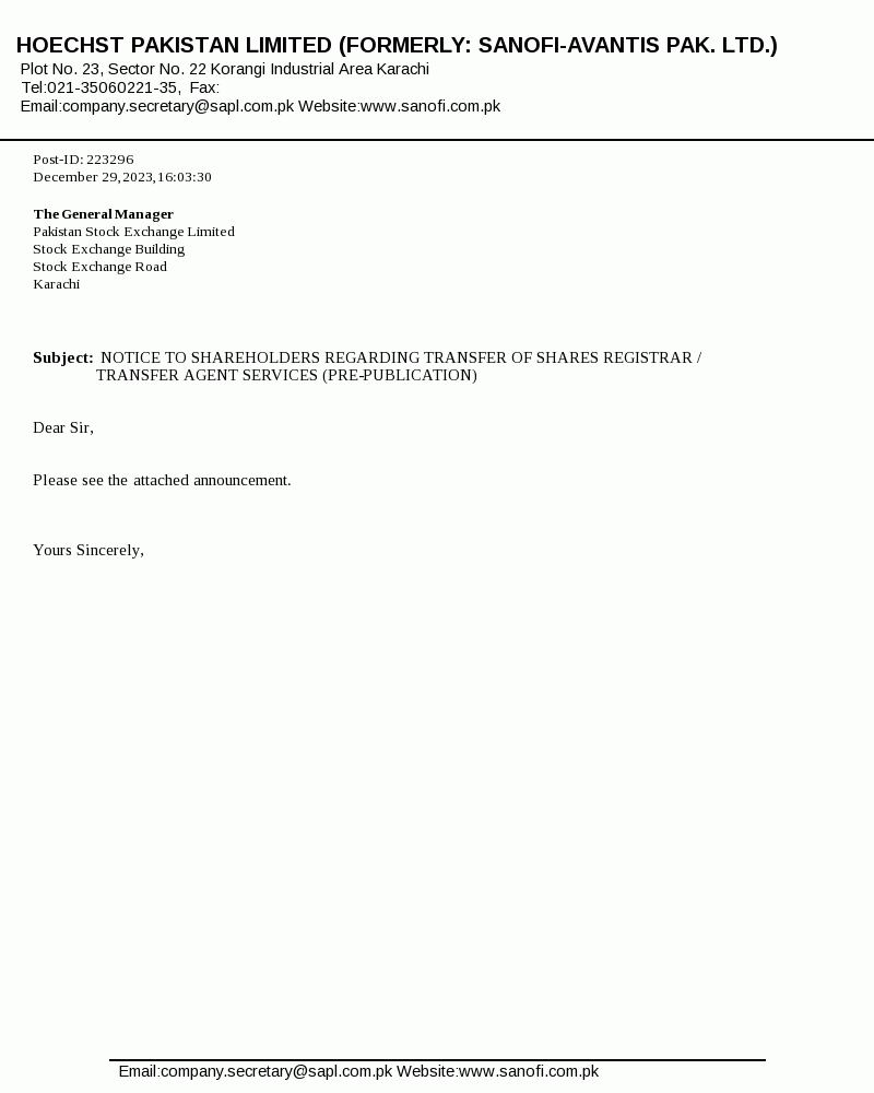 HPL Share Price / Stock Price (KSE100, PSX Stock) Hoechst Pakistan