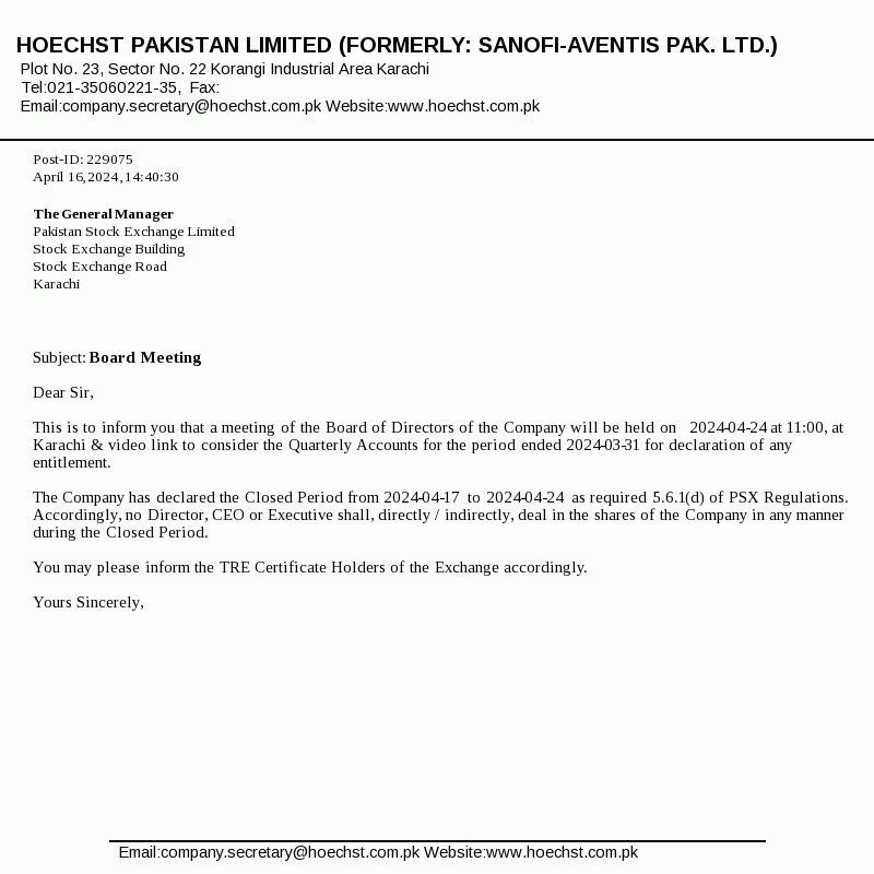 HPL Share Price / Stock Price (KSE100, PSX Stock) Hoechst Pakistan