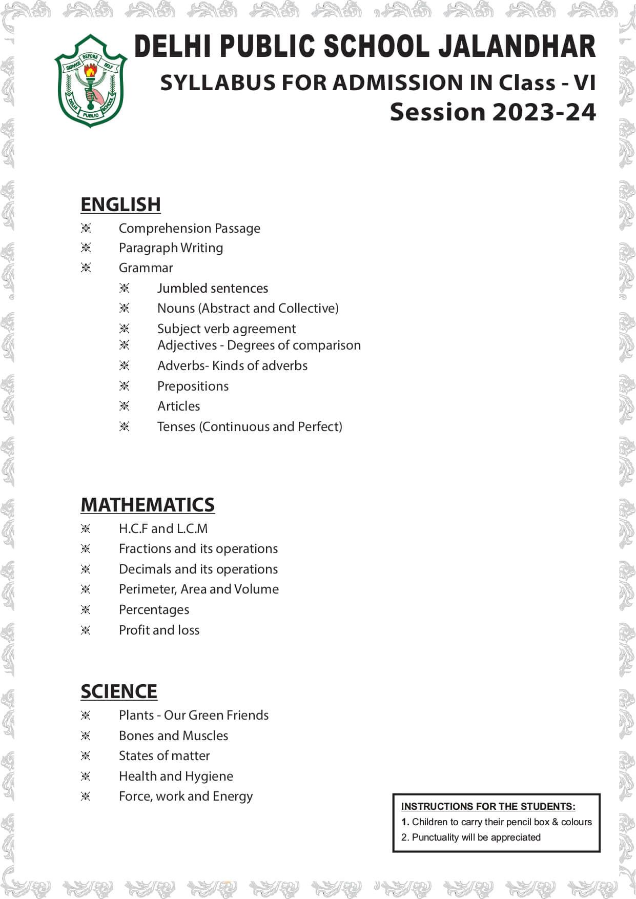 Entrance test syllabus DPS Jalandhar