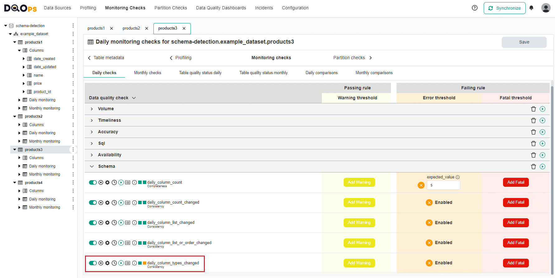 How to detect table schema changes using data observability checks