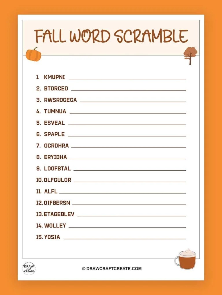 Free Printable Fall Word Scramble With Answers - Draw Craft Create