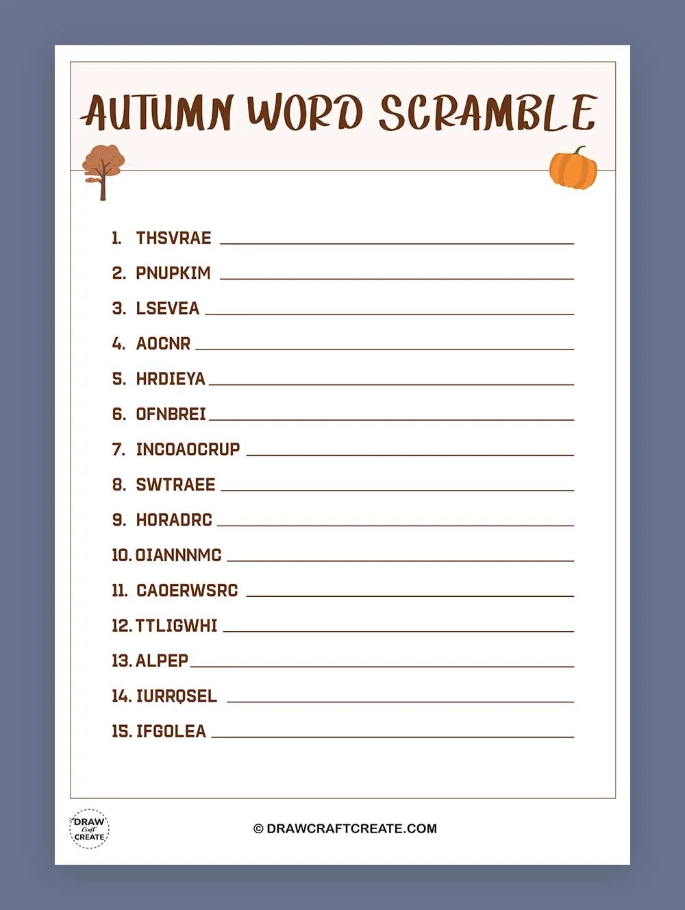 Free Printable Autumn Word scramble - Draw Craft Create