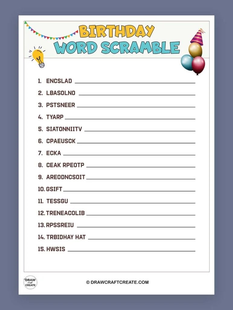 Free Printable Birthday Word Scramble Draw Craft Create