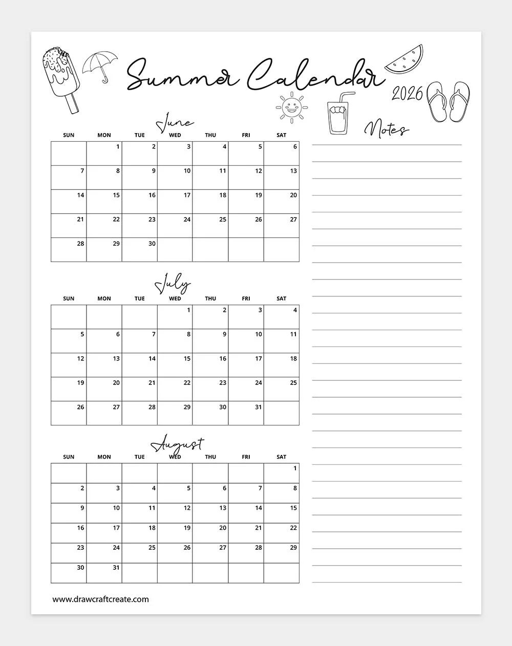 Free Printable 2026 Summer Calendars (6 Design) Draw Craft Create
