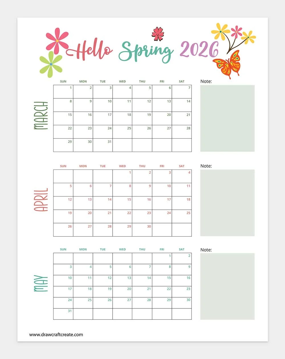 Free Printable 2026 Spring Calendars (6 Design) Draw Craft Create