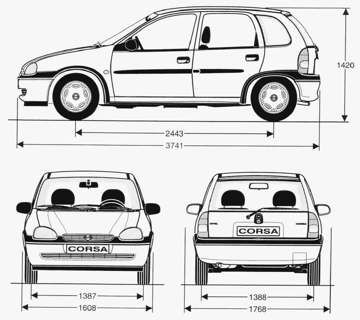 Opel Corsa 1998 Blueprint Download free blueprint for 3D modeling
