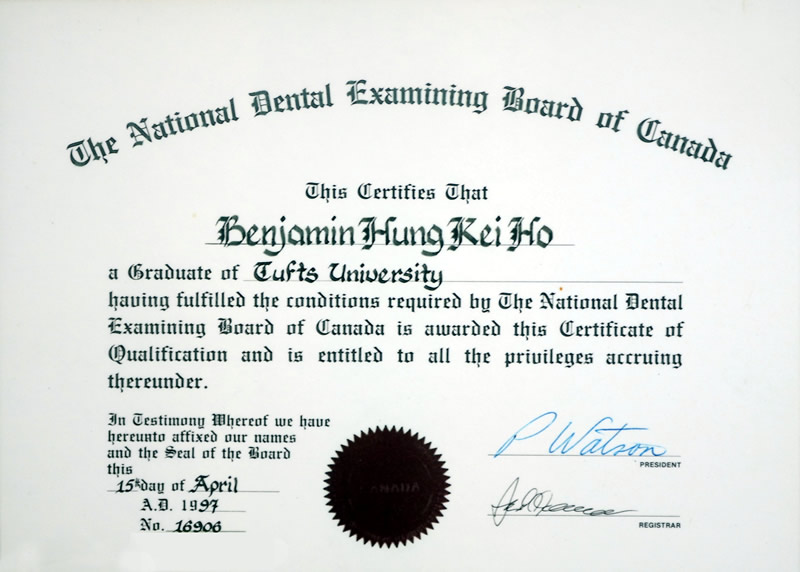 Certificates Dr. Benjamin Ho Dentistry Professional Corporation