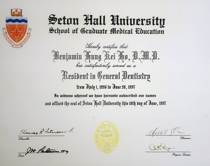 Certificates Dr. Benjamin Ho Dentistry Professional Corporation