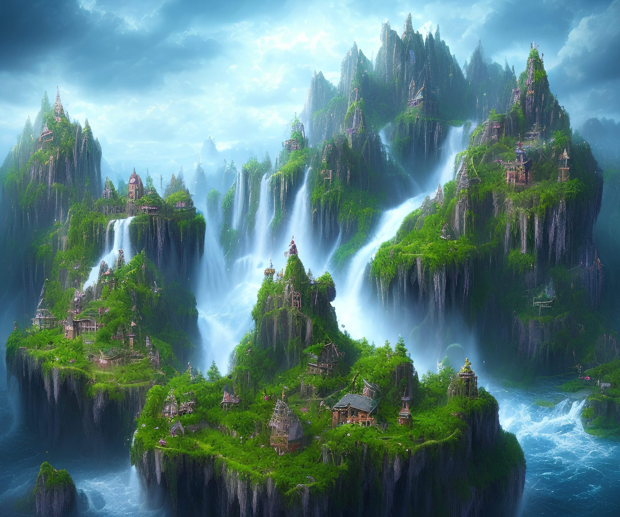 Beautiful Floating Islands in the Sky with Waterfalls