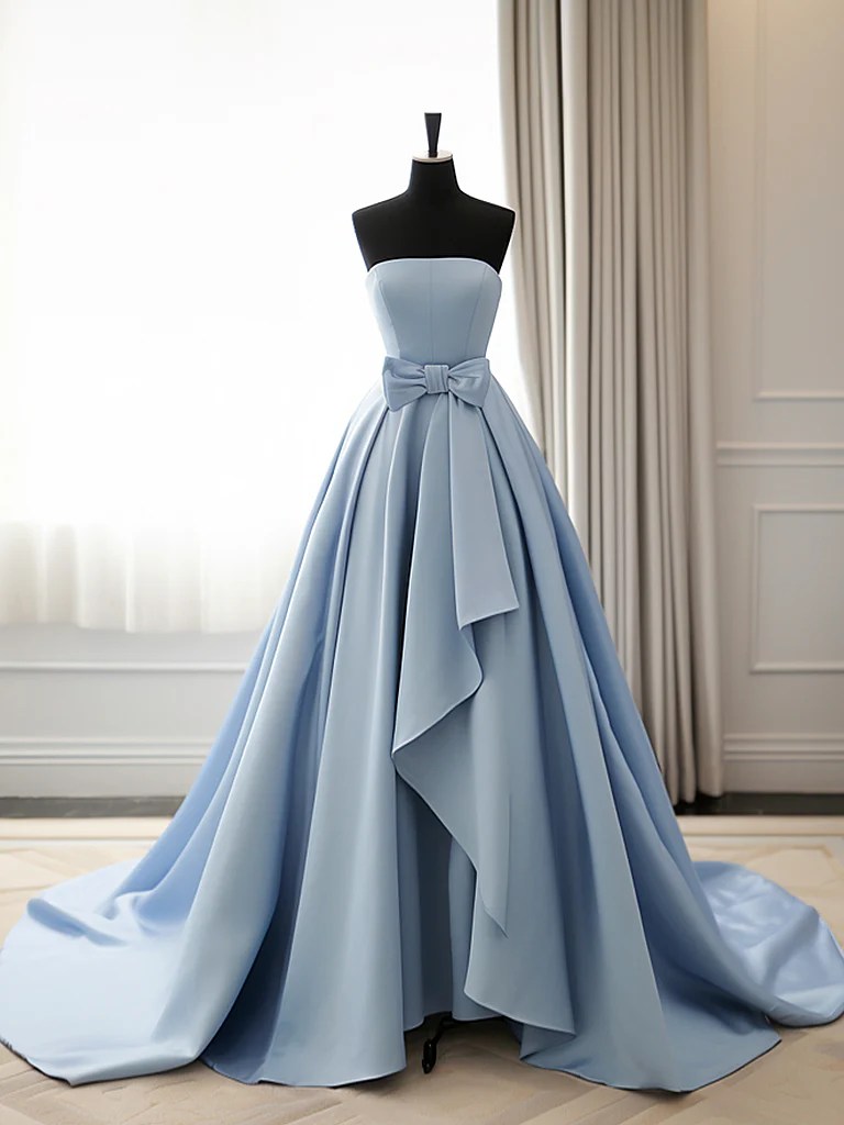 Simple ALine Satin Blue Long Prom Dress, Blue Long Evening Dress