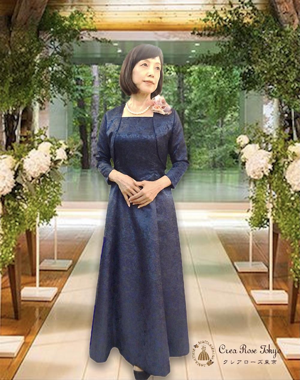 サイズ各種あり、高貴なバラが全身に輝く正礼装コーディネート2点セット【ミシェルネイビードレス＋ミシェルネイビージャケット】オリジナル母親ドレス