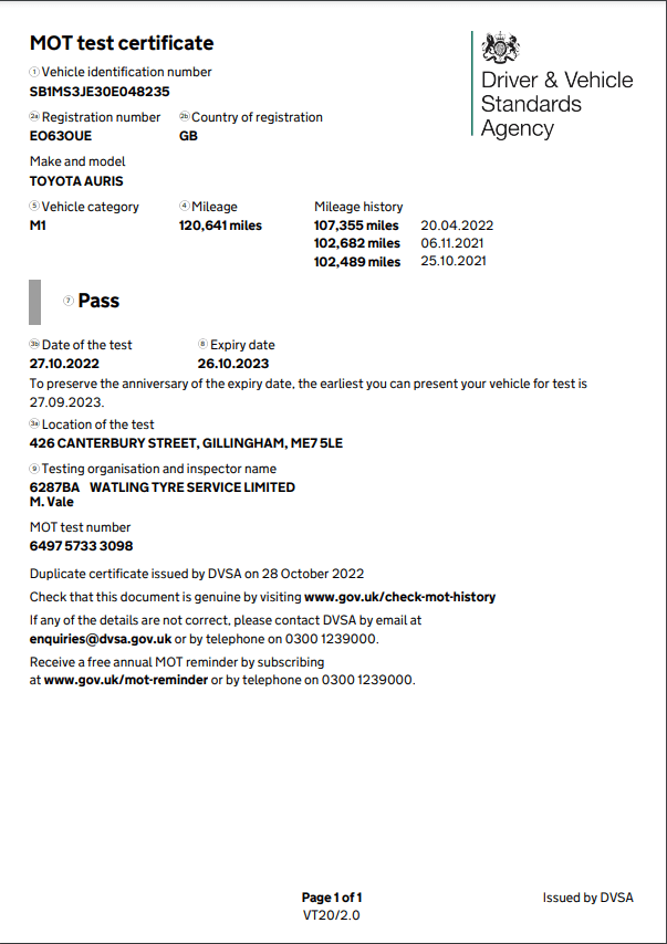 MOT Test Certificate FREENOW Driver
