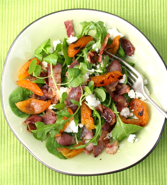Grilled turkish apricot and goats cheese salad with crispy bacon