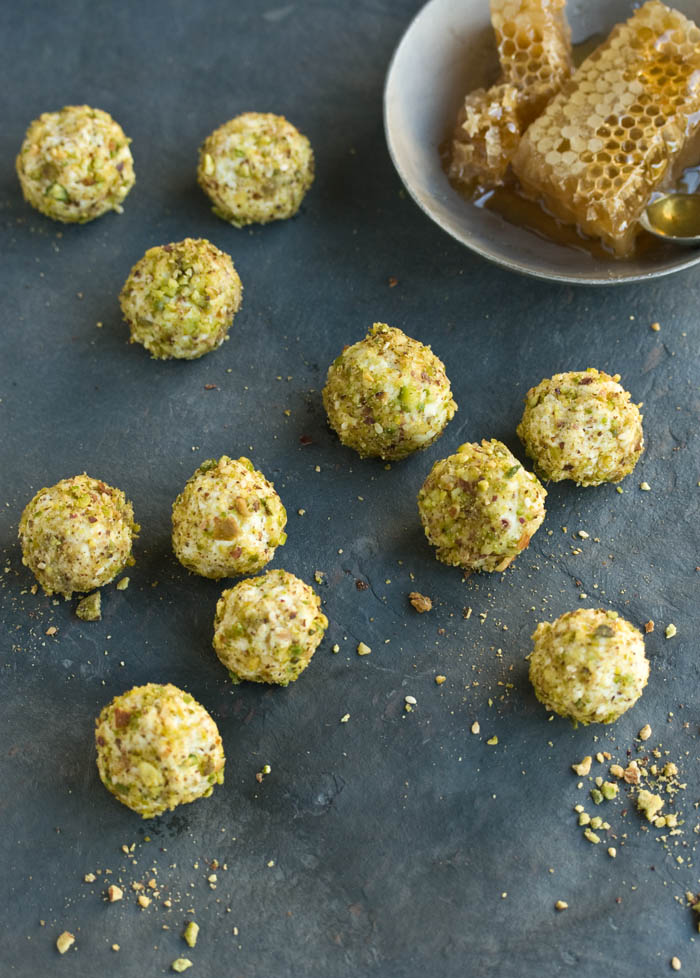 Goats cheese truffles with honey & pistachio Drizzle and Dip